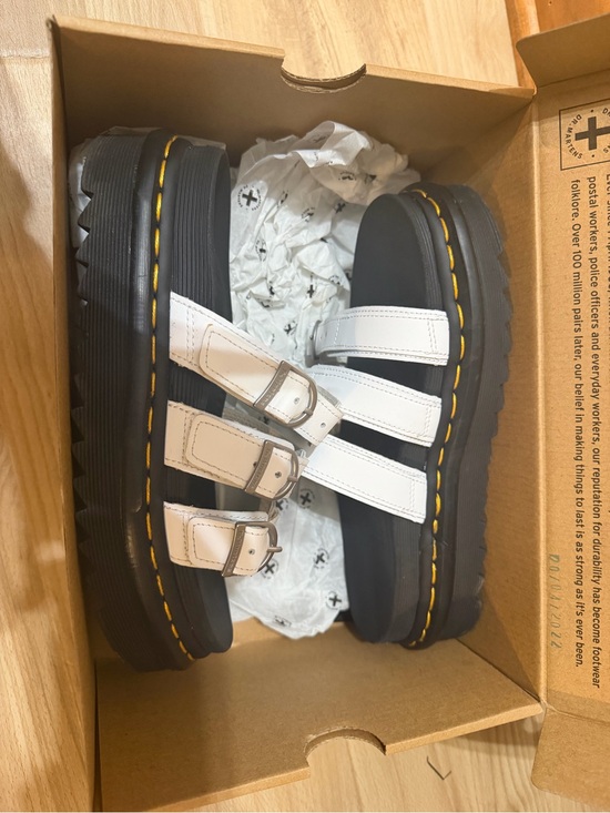 Dr. Martens Shoes - Dr. Martens White Triple Buckle Platform Sandals with Yellow Stitching